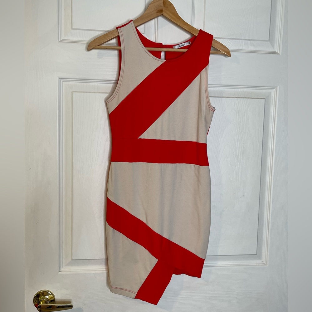Papaya Red and Cream Geometric Mini Dress Chic Sexy Party Event